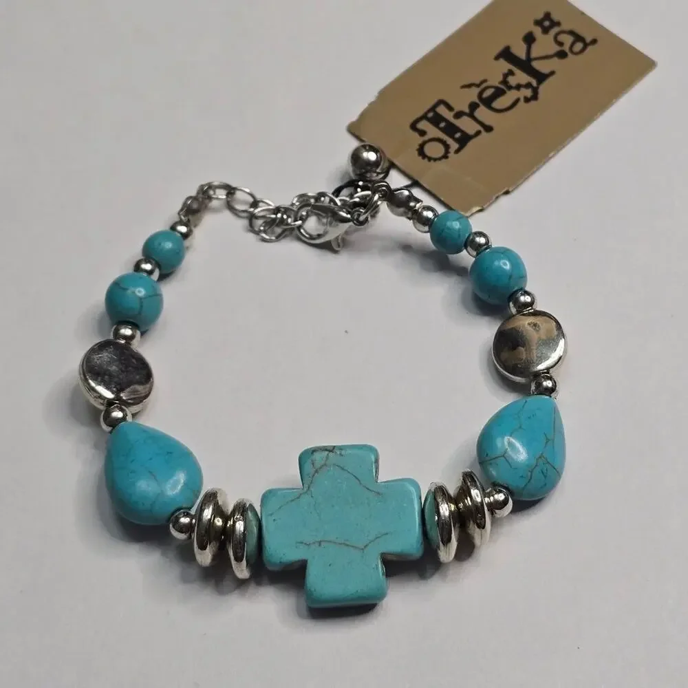 Treska Turquoise Cross Bracelet with Silver Accents Boho Jewelry New